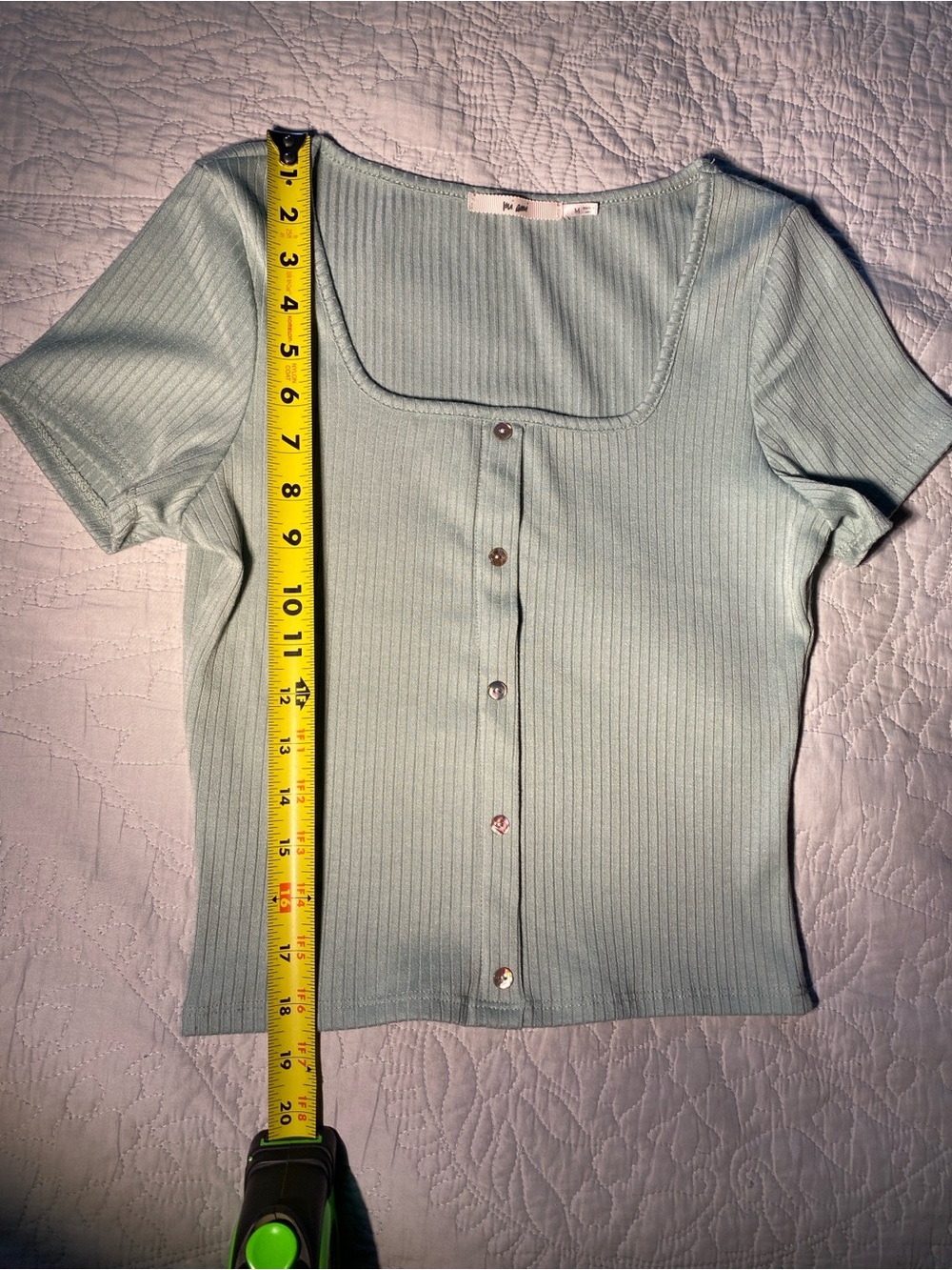 Mi Ami Ribbed Square-Neck Button-Front Top in Mint - Picture 3 of 7